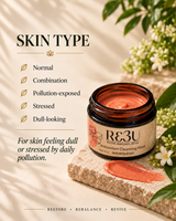 A jar of RE3U Nature Rebalance Antioxidant Cleansing Mask is displayed on a stone slab with a smear of the orange mask cream. The image includes text detailing skin types that the mask is suitable for, decorated with green leaves and white flowers on a warm beige background. thumbnail 2