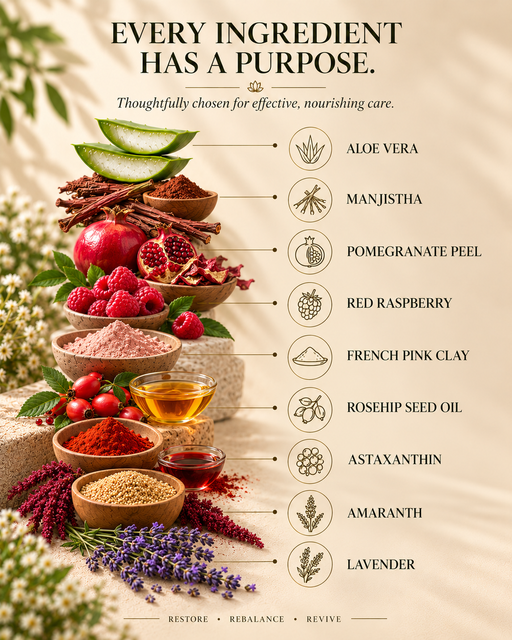 A styled ingredient infographic for a skincare or wellness product. The left side shows bowls and piles of natural ingredients including aloe vera leaves, manjistha, pomegranate peel, red raspberry, French pink clay, rosehip seed oil, astaxanthin powder, amaranth seeds, and lavender buds.