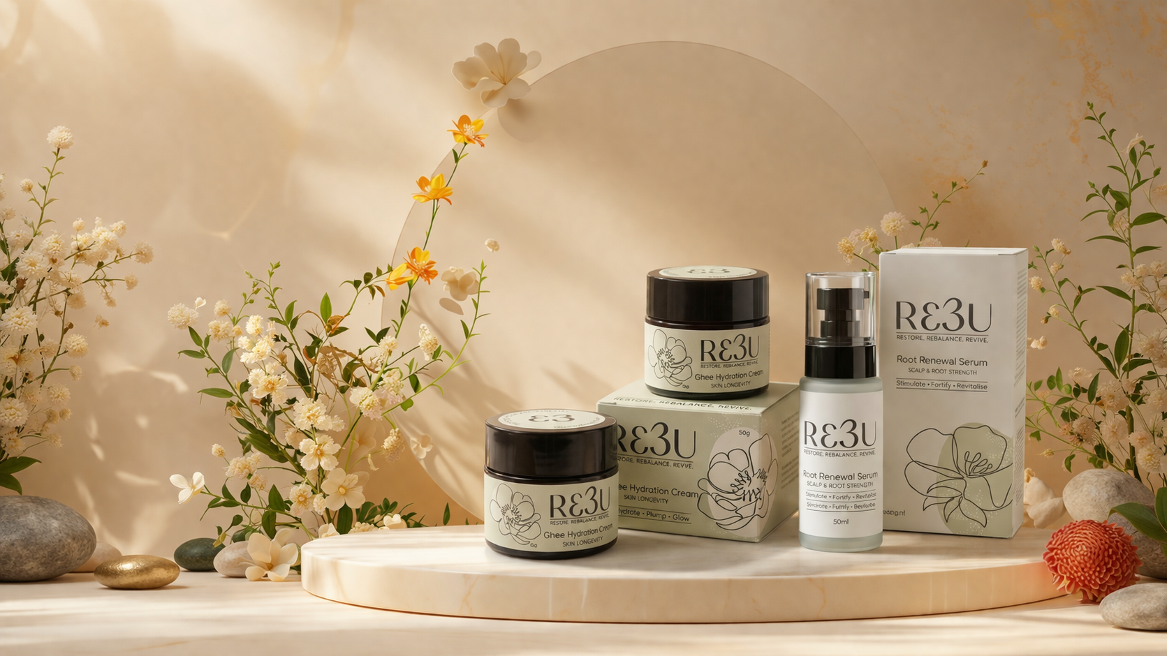 RE3U skincare products on a wooden surface with flowers in the background