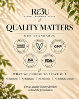 A beige promotional graphic with leafy corner accents and the brand name R3U at the top. Large text reads 'QUALITY MATTERS' and 'OUR STANDARDS,' with five certification logos including COSMO ORGANIC, CRUELTY FREE, GMP, ISO 9001:2015, and FDA. thumbnail 6