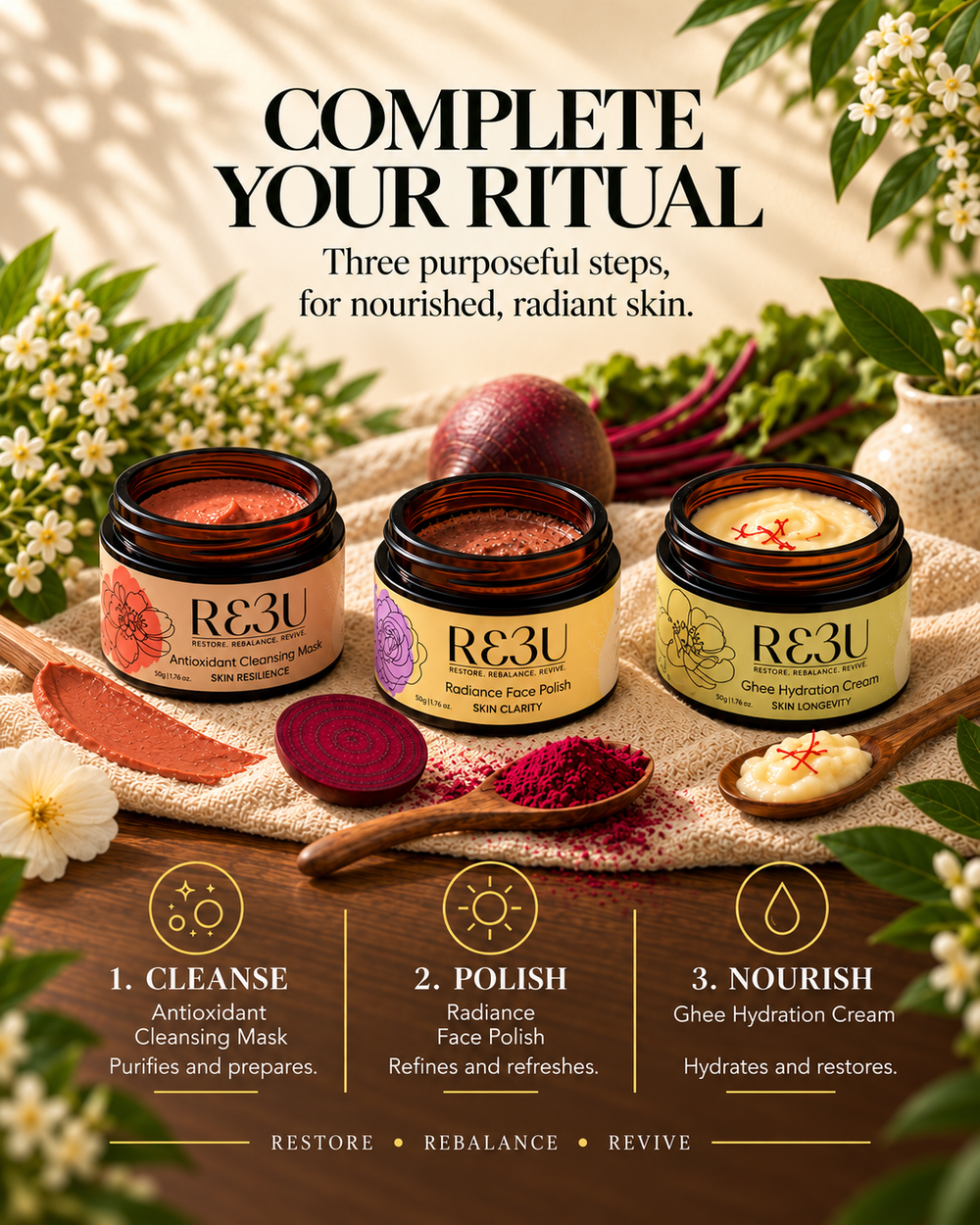 Three R3U skincare jars arranged on a rustic cloth with flowers, leaves, and beetroot around them, under the headline 'COMPLETE YOUR RITUAL.' The bottom shows three labeled steps: Cleanse, Polish, and Nourish.