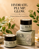 Three R3U skincare products arranged on a beige surface: two dark glass jars with cream-colored labels and one matching cream-colored box, styled with leaves, stones, and gold foil accents. Large text at the top reads 'HYDRATE. thumbnail 1