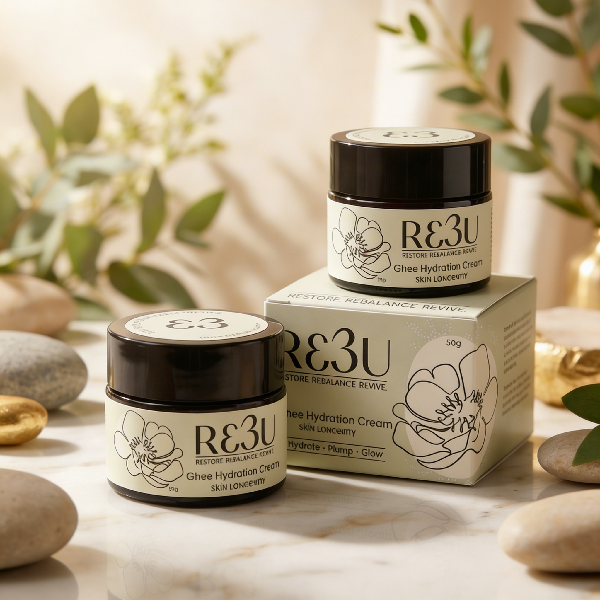 Two jars of RE3U Ghee Hydration Cream on a marble surface with a blurred natural background.