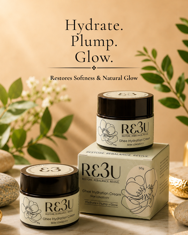 Three R3U skincare products arranged on a marble surface with decorative leaves and stones: two glass jars of glue hydration cream and one matching product box. Large text at the top reads 'Hydrate.