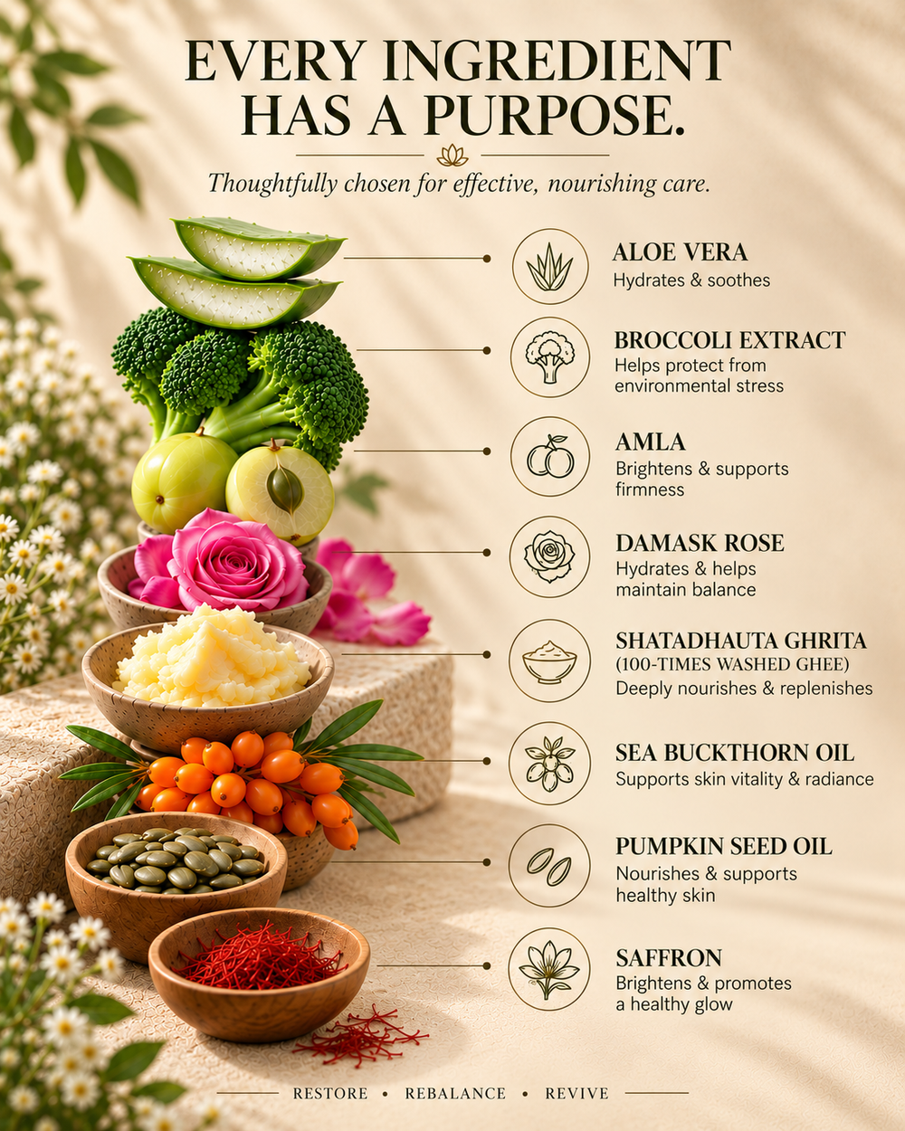 An informational ingredient list graphic for a skincare product on a warm beige background. The text reads 'EVERY INGREDIENT HAS A PURPOSE.