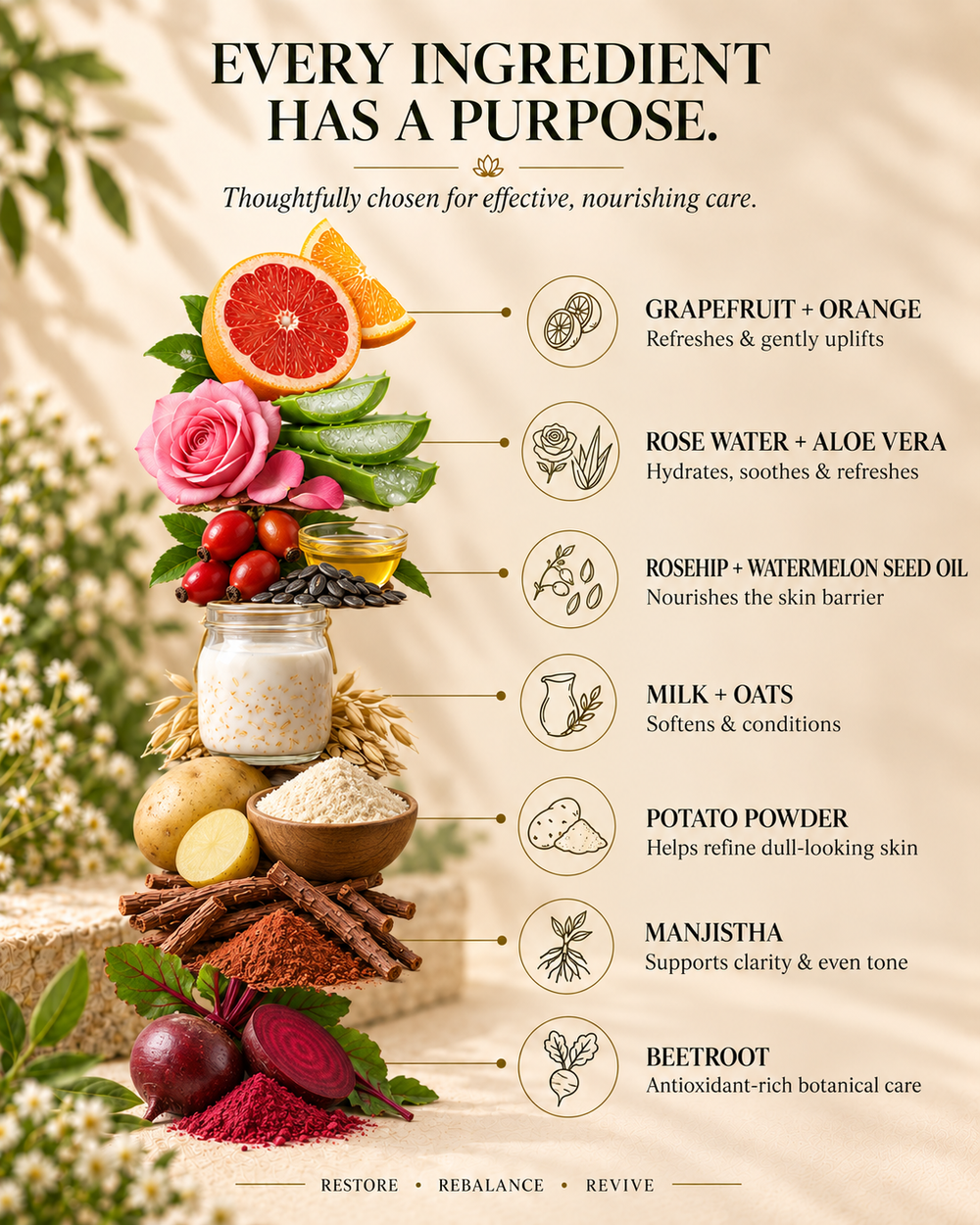 An informational graphic titled 'EVERY INGREDIENT HAS A PURPOSE.' on a warm beige background, showing illustrated and photographed botanical ingredients arranged vertically with labeled benefits: grapefruit, rose water, aloe vera, rosehip, milk and oats, potato powder, manjistha, and beetroot.