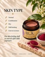 A jar of R3U Radiance Revive Rosehip Face Polish sits on a stone slab beside a small bowl of loose powder and a wooden spoon, with text on the left reading 'SKIN TYPE' and listing skin types. The scene includes green leaves and flowers in a styled, sunlit setup. thumbnail 2