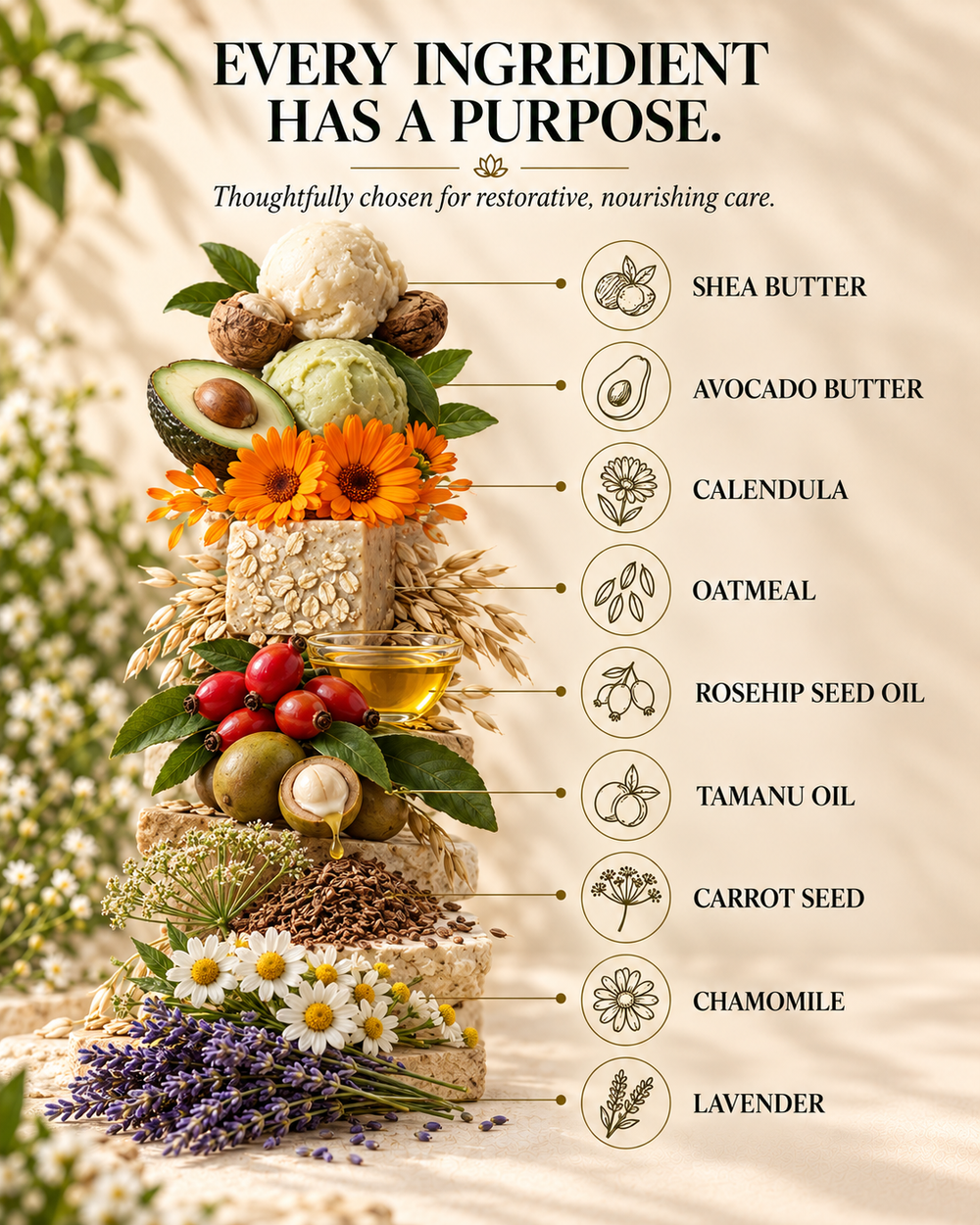 A styled ingredient collage on a warm beige background with the headline 'EVERY INGREDIENT HAS A PURPOSE.' A vertical stack of natural ingredients and botanicals is arranged with labels pointing to them: shea butter, avocado butter, calendula, oatmeal, rosehip seed oil, tamanu oil, carrot seed, chamomile, and lavender.
