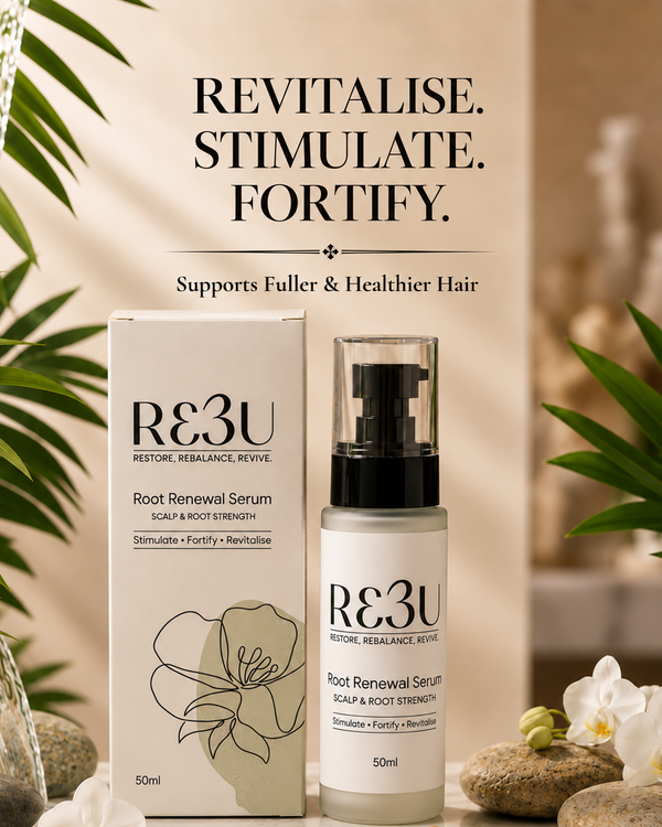 RE3U Root Renewal Serum shown with its white and beige packaging box and pump bottle, styled with decorative green leaves, white flowers, and stones on a warm beige background. Text above reads 'REVITALISE.