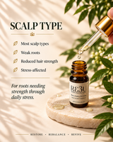 An amber glass dropper bottle labeled R63U Scalp Type Hair Healing Oil sits on a stone slab with a hand holding the dropper above it. Text on the left reads 'SCALP TYPE' with bullet points about weak roots, reduced hair strength, and stress-affected scalp types. thumbnail 2