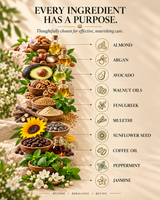 A styled infographic titled 'EVERY INGREDIENT HAS A PURPOSE.' showing a vertical arrangement of natural ingredients and oils on a beige background with text labels: almond, argan, avocado, walnut oils, fenugreek, mulethi, sunflower seed, coffee oil, peppermint, and jasmine. thumbnail 3