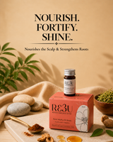 A small bottle of R&3U Restful Scalp & Hair Wellness oil stands beside its coral-pink box on a styled beige surface with stones, a spoon of powder, and greenery. Large text above reads 'NOURISH. thumbnail 1