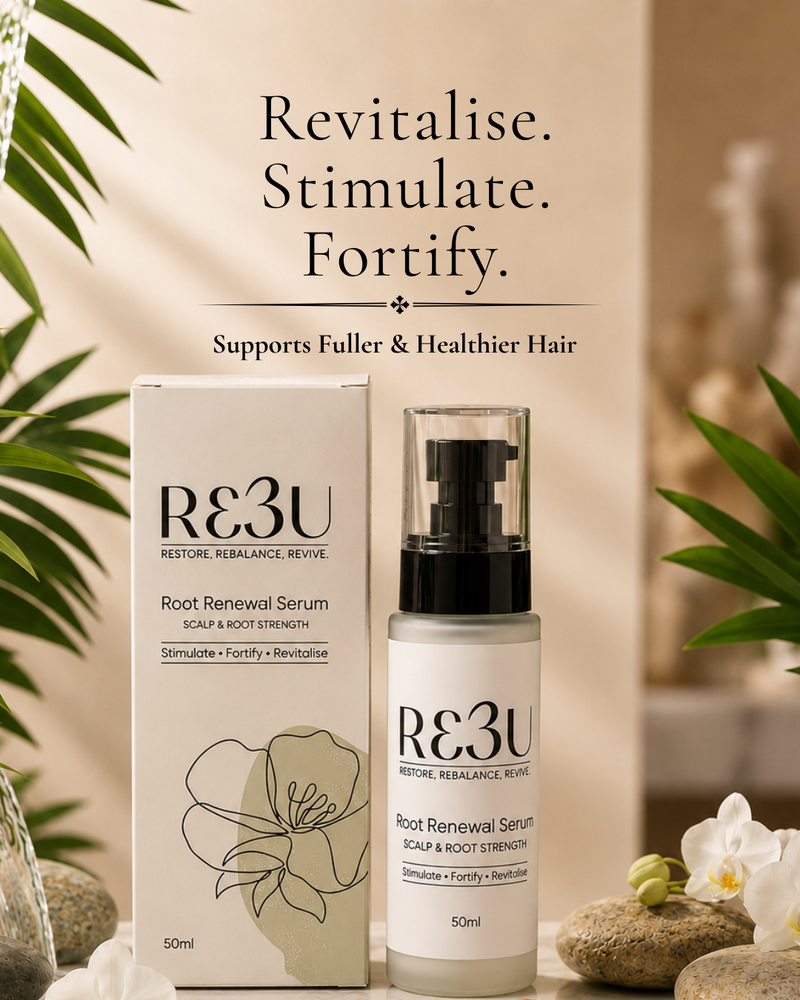 RE3U Root Renewal Serum shown with its matching box and pump bottle, styled with spa props like green leaves, white orchids, and smooth stones on a warm beige background with promotional text.