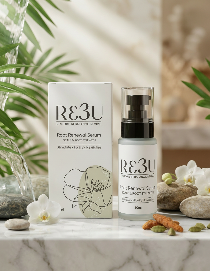 RE3U Root Renewal Serum bottle and packaging on a marble surface with plants in the background