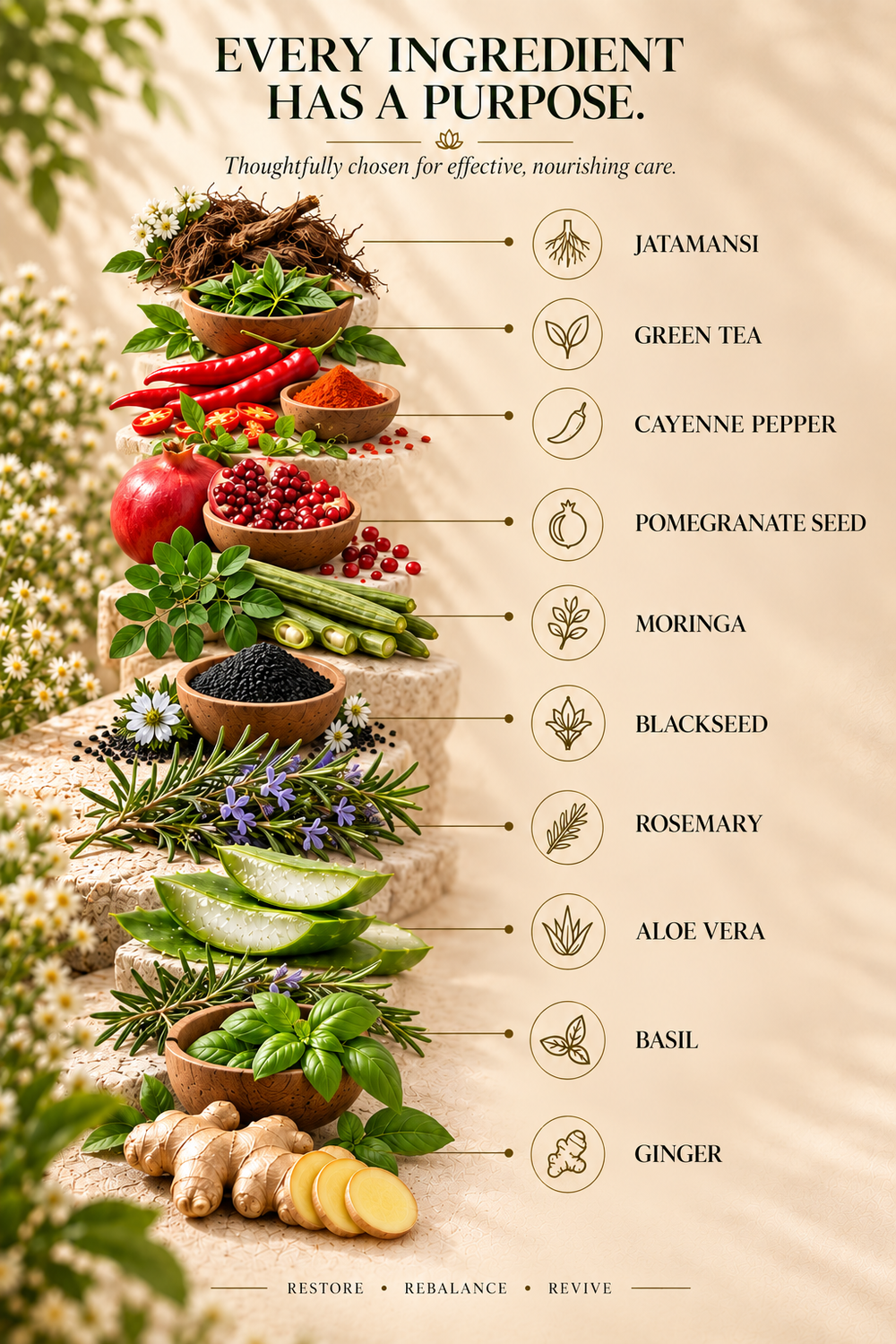 An infographic-style wellness poster with the headline 'EVERY INGREDIENT HAS A PURPOSE' and a vertical arrangement of whole foods and herbs labeled with names such as Jatamansi, Green Tea, Cayenne Pepper, Pomegranate Seed, Moringa, Blackseed, Rosemary, Aloe Vera, Basil, and Ginger on a beige textured background.