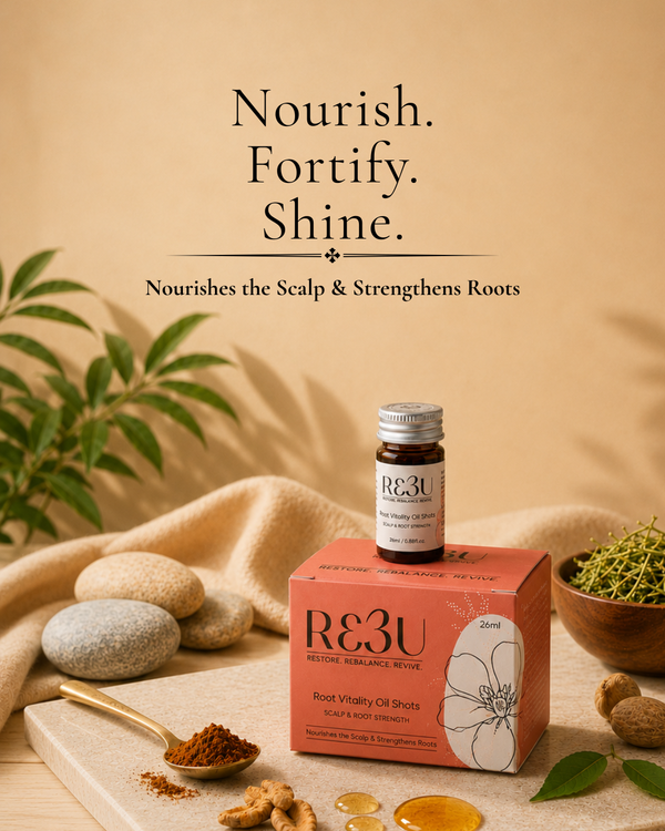 R&3U Regenerative Revive Root Vitality Oil Dropper bottle and its coral-pink box displayed on a beige surface with stones, a spoon of herbal powder, and greenery in the background. Text above reads: 'Nourish.