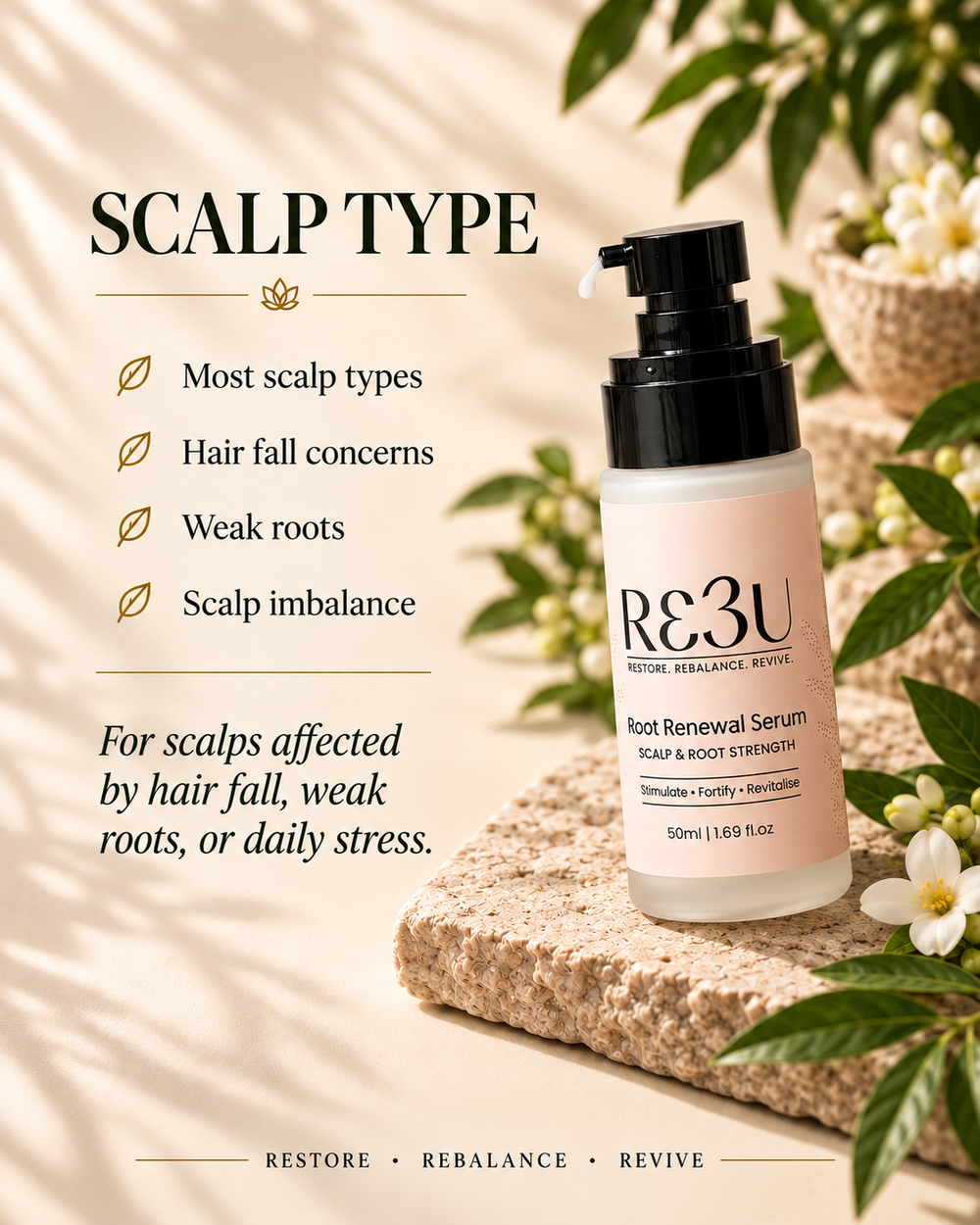 A bottle of RE3U Root Renewal Serum placed on a stone slab with decorative leaves and flowers, next to text listing scalp types and benefits.