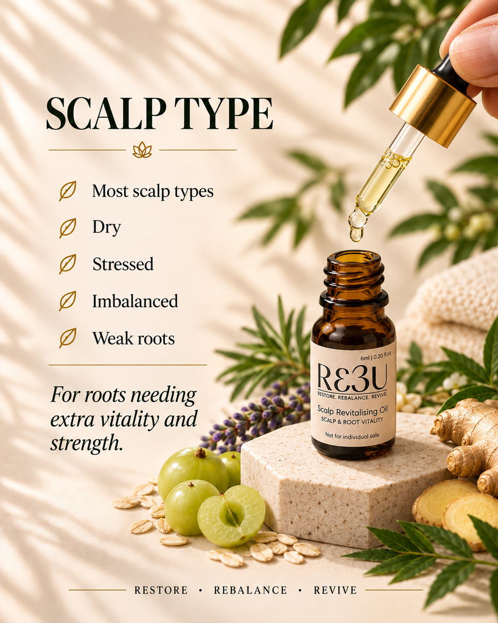 An amber glass bottle of RE3U Scalp Revitalizing Oil is shown with a hand holding a gold-and-black dropper above it. The scene includes text about scalp types, green leaves, lavender, green grapes, oats, ginger, and a beige towel on a warm beige background.