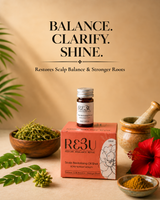 A boxed hair scalp treatment and a small bottle labeled RE3U are arranged on a warm beige surface with botanical props, including a red flower, green leaves, a wooden bowl of dried herbs, and a ceramic mortar and pestle. Large text reads 'BALANCE. thumbnail 1