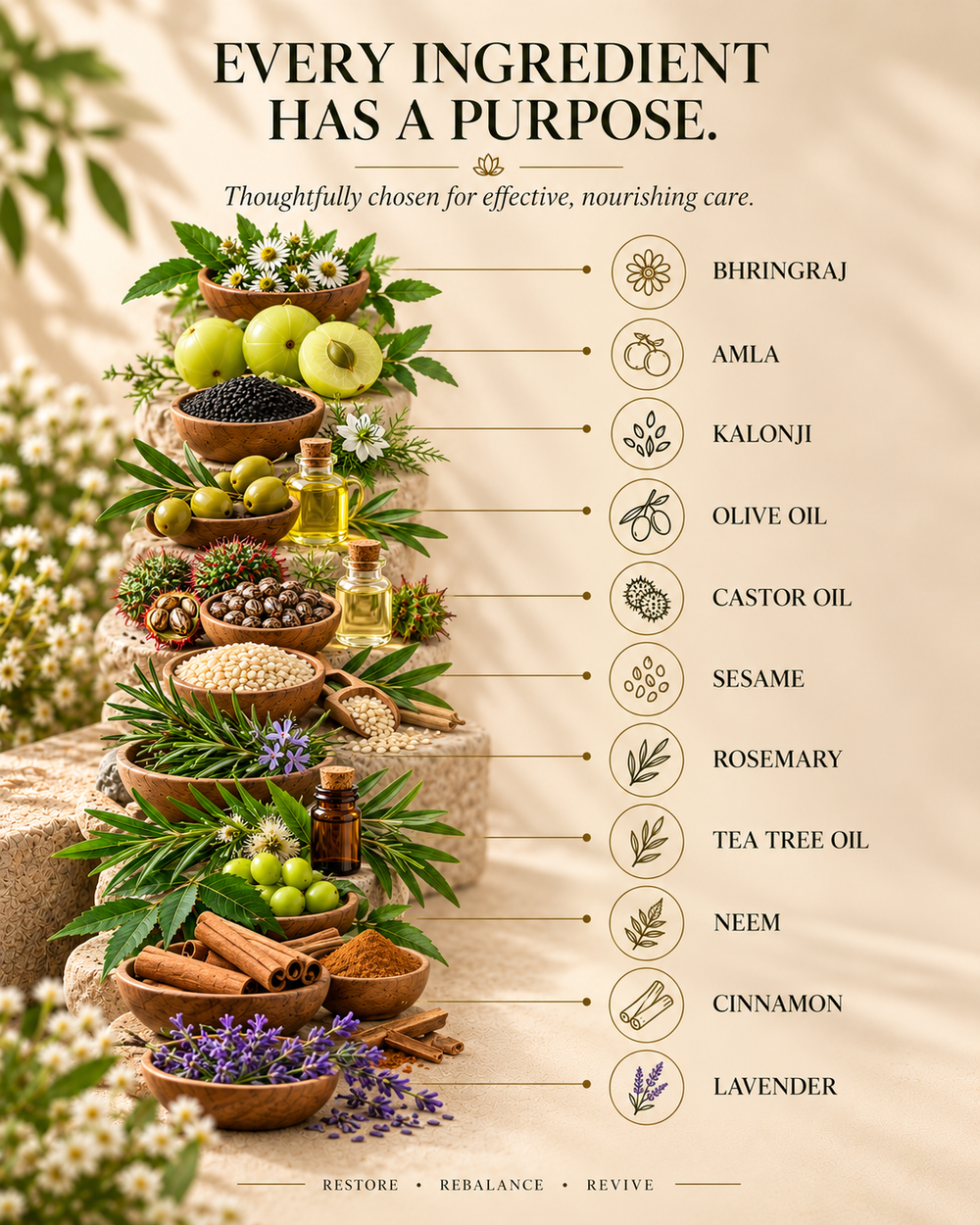 An infographic-style product image with the headline 'EVERY INGREDIENT HAS A PURPOSE.' and a vertical arrangement of botanical and spice ingredients in bowls, each linked by a line to a listed ingredient name: Bhringraj, Amla, Kalonji, Olive Oil, Castor Oil, Sesame, Rosemary, Tea Tree Oil, Neem, Cinnamon, and Lavender.