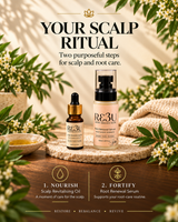 Two Re3U scalp and root care products displayed on a woven tray with a bowl of oil and a folded towel, framed by green leaves and small white flowers. Large text reads 'YOUR SCALP RITUAL' with two step callouts below. thumbnail 4