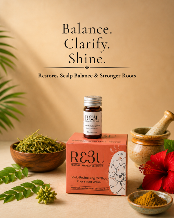 A styled product shot for RE3U Restore Scalp Balance & Stronger Roots, showing a small amber bottle and its coral-pink box centered on a beige surface, with herbs, a mortar and pestle, and a red flower arranged around it. Large text at the top reads 'Balance.