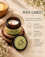 A jar of R3U Green Hydrogen Ghee with its lid placed beside it on a wooden slice, styled on a burlap surface with dried flowers and a bowl of ghee in the background. The image includes marketing text explaining why ghee is important for skin. thumbnail 2