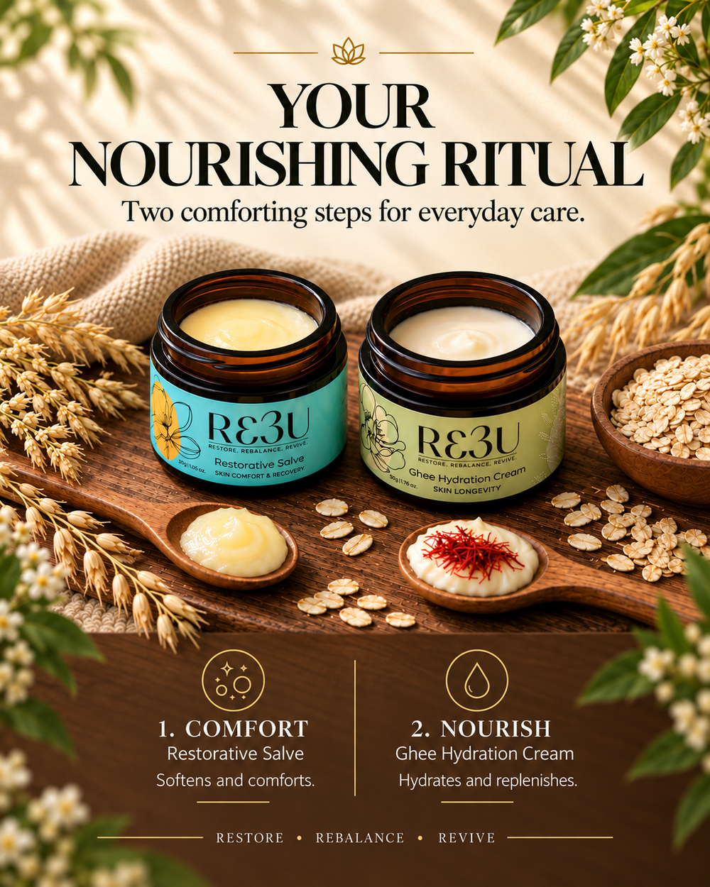 Two amber cosmetic jars labeled RE3U shown on a styled natural background with oats, wheat, and a spoon of cream. Large text reads 'YOUR NOURISHING RITUAL' and includes product names and benefit callouts for Comfort Salve and Ghee Hydration Cream.